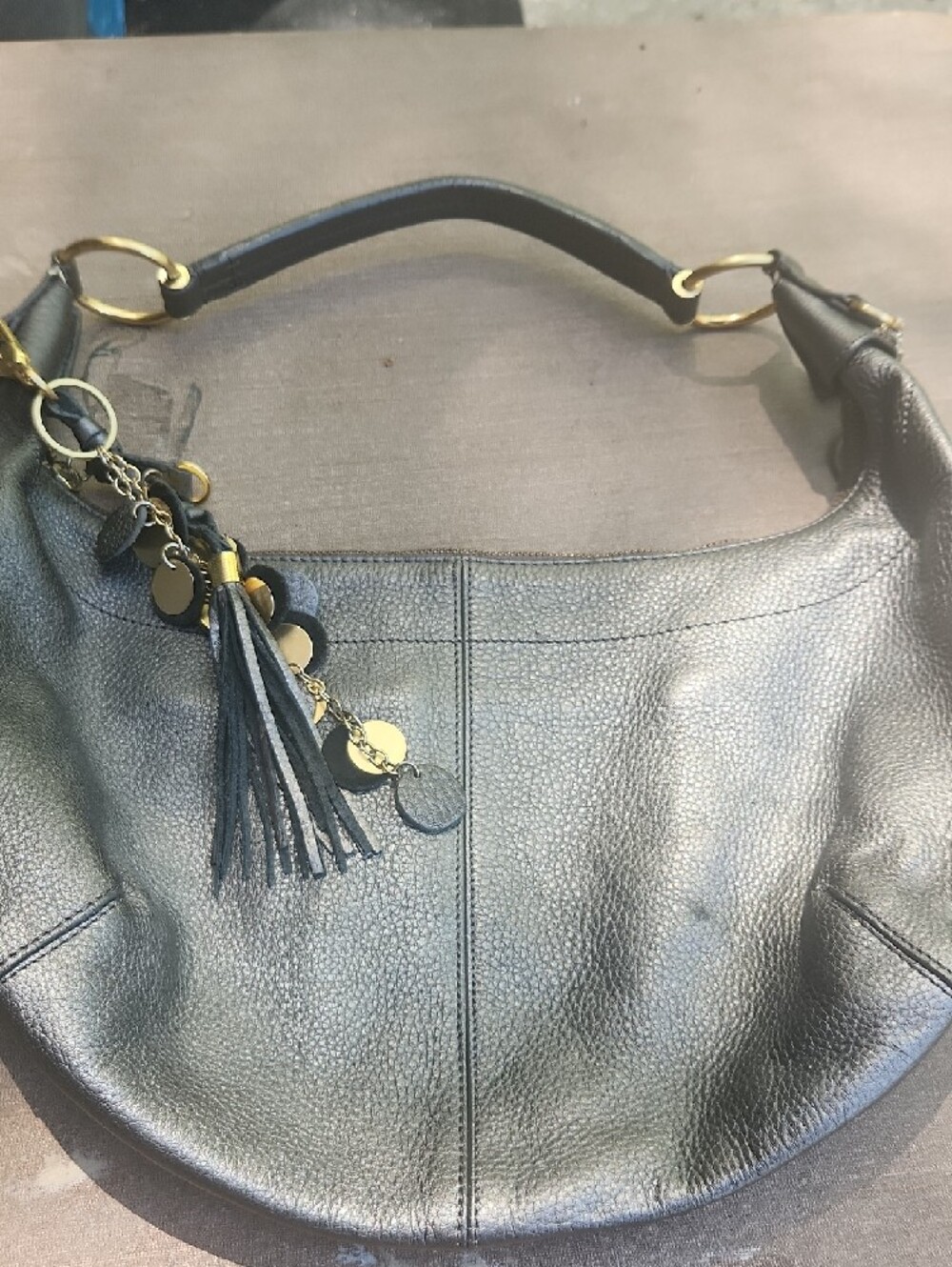 Grey Leather Hobo Bag with Tassel Coin Charm - Picture 2 of 3
